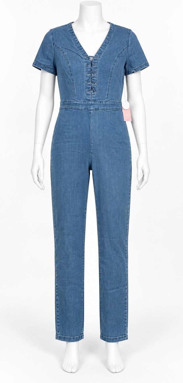 Blashe Denim Jumpsuit Large Blue Short Sleeve Lace-Up Front 525